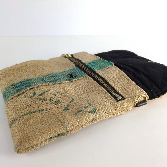 Upcycled Burlap Coffee Sack 11x10" Hand Bag Purse Italian Leather Strap Handle - Picture 5 of 8